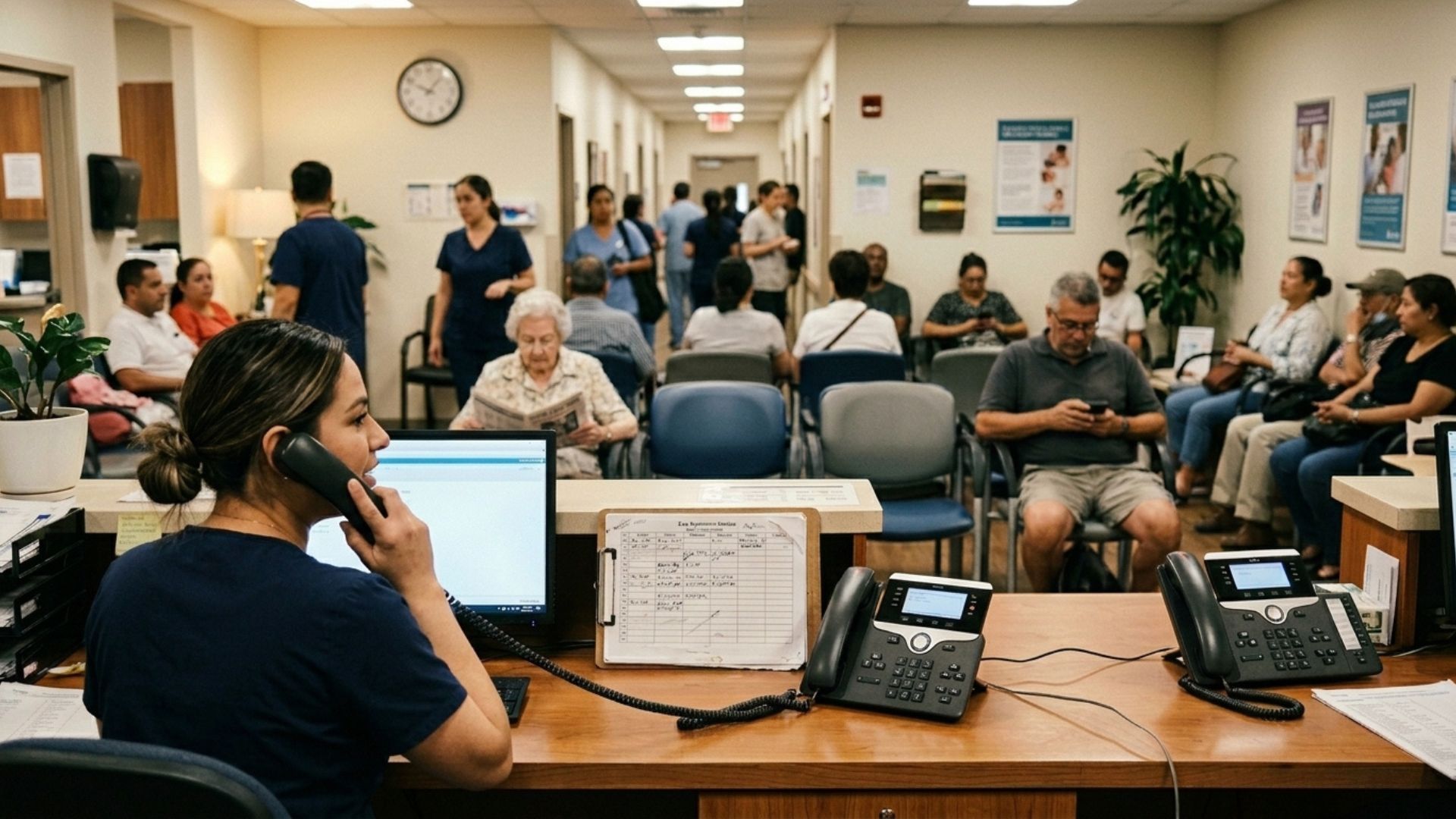 Busy clinic reception — phones ringing, staff overwhelmed with admin