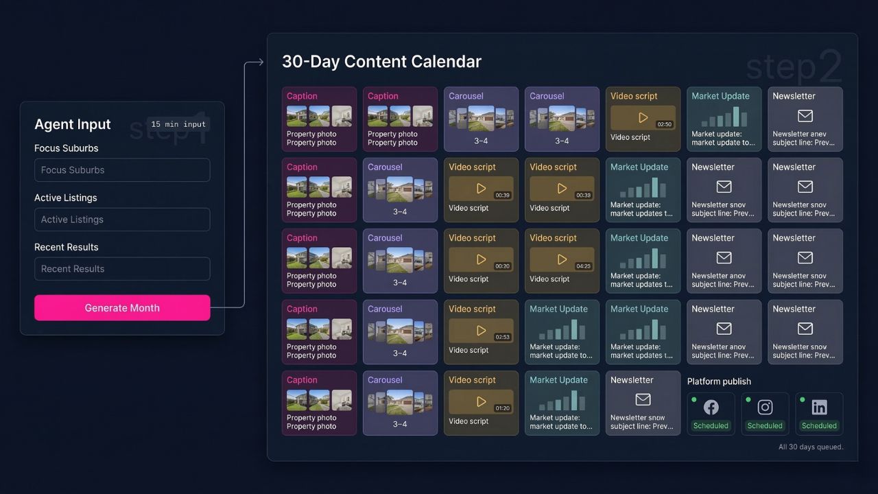 AI content engine generating monthly social media calendar for real estate agents