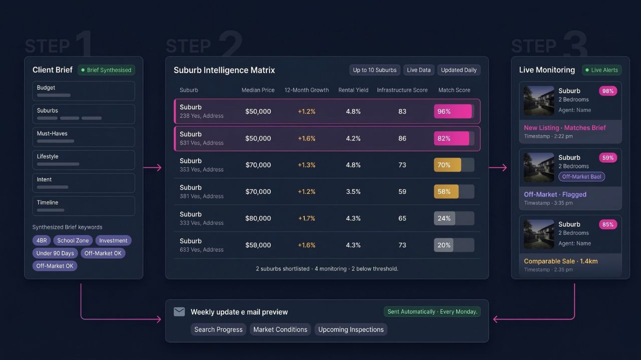 AI buyers agent intelligence system with suburb comparison and market analysis