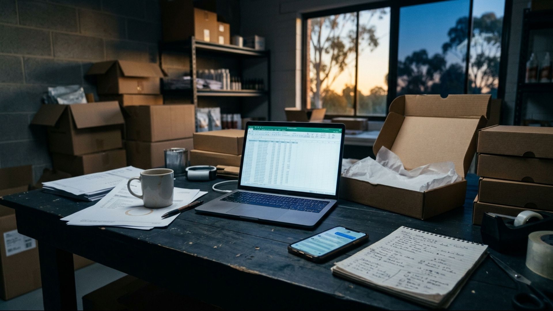 Retail business owner buried in admin — laptop, packages, spreadsheets
